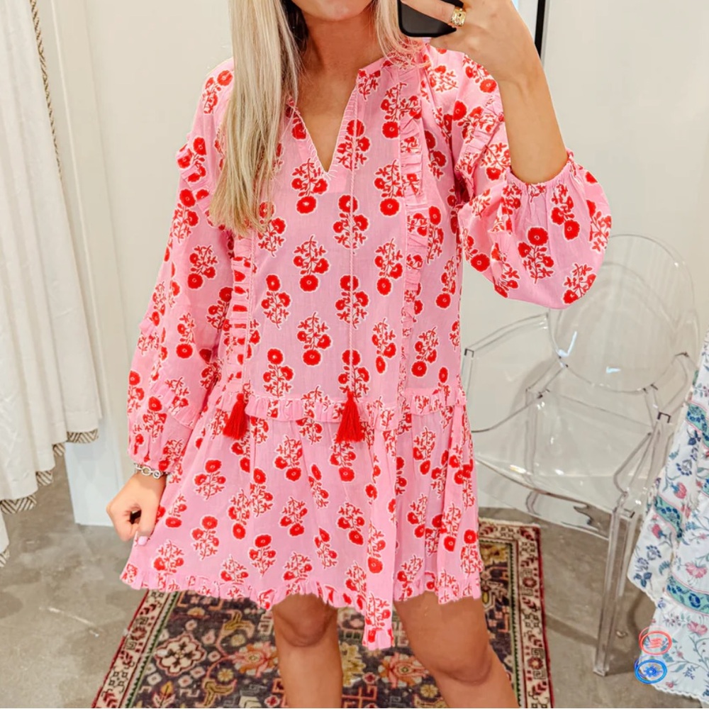 Pink Floral Mini Dress with Tassel Tie